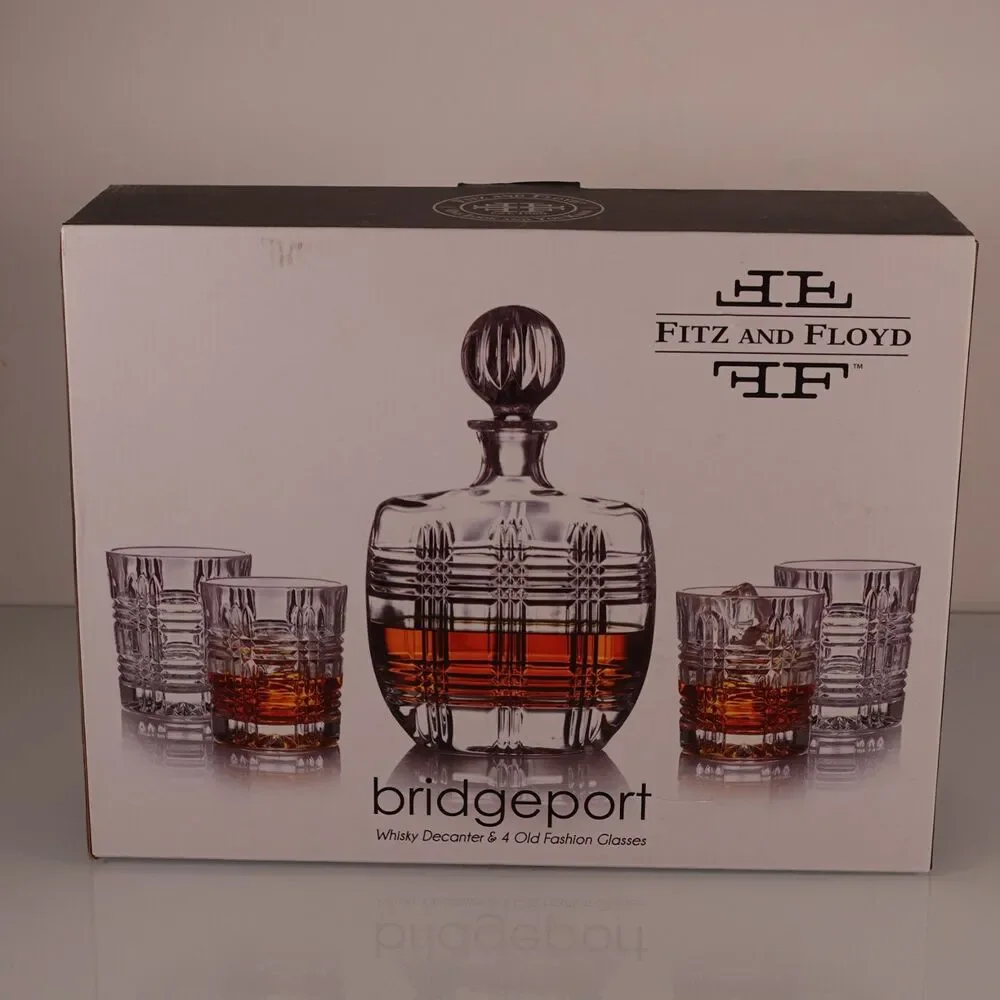 Fitz and Floyd Bridgeport Whiskey Decanter and 4 Old Fashion Whiskey Glasses NIB